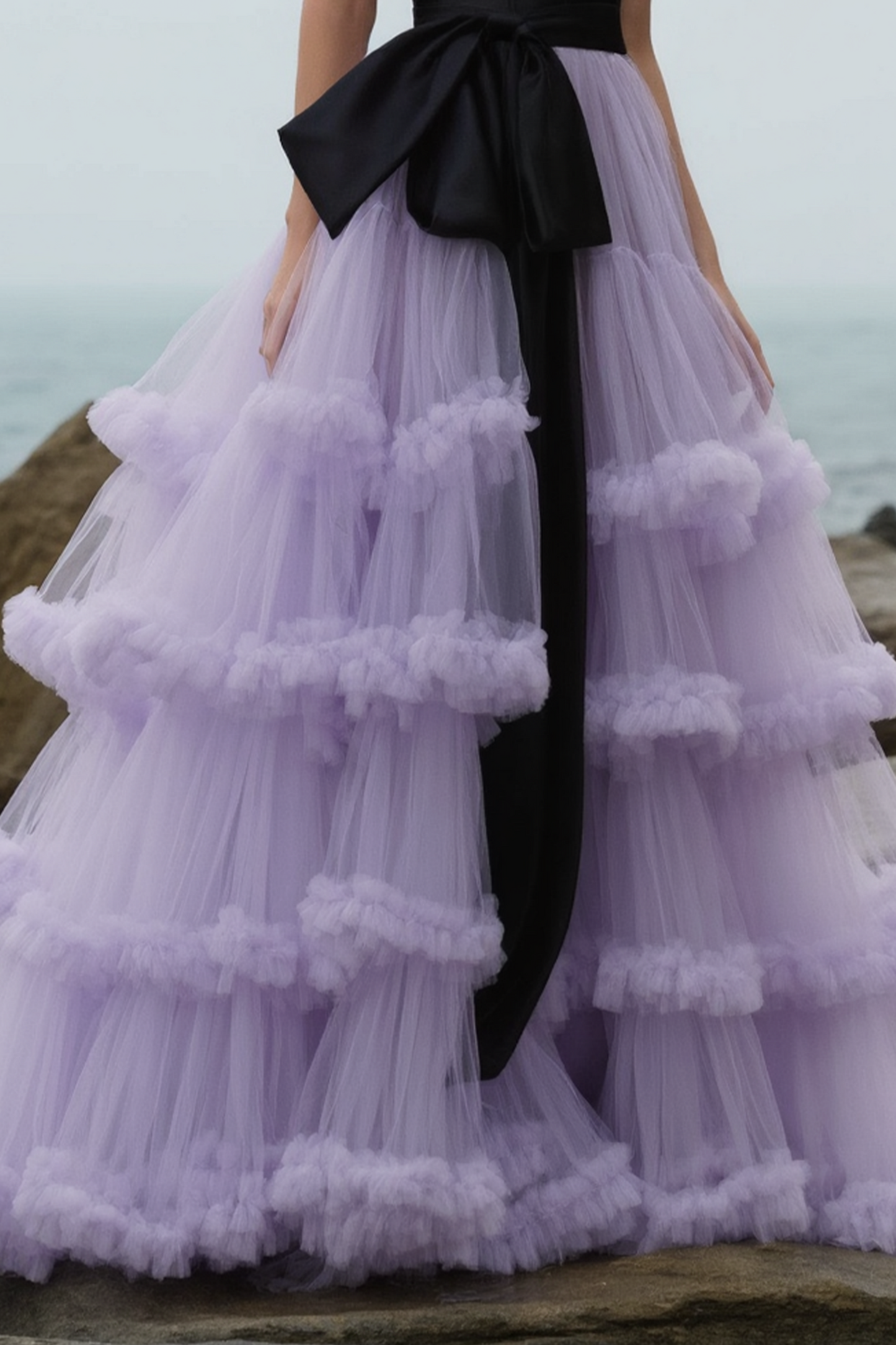 Evening Prom Tiered Dress Black Strapless Floor-Length Dress