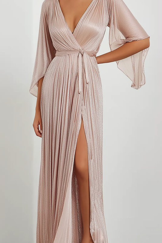 Formal Evening Dress Light Pink Cross Neck Pleated Hight Slit Floor Length Dress