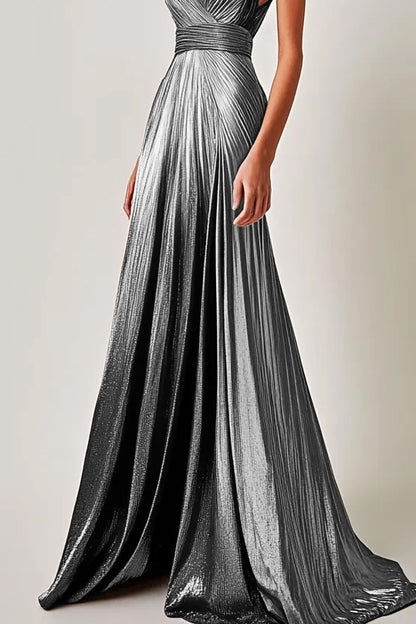 Formal Party V Neck Elegant Silver Metallic Floor-length Dress