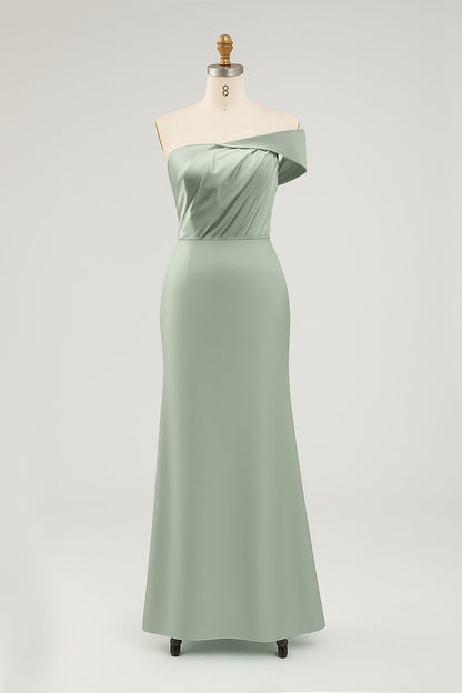 Evening Prom Sage Green Dress One Shoulder Satin Pleated Maxi Dress