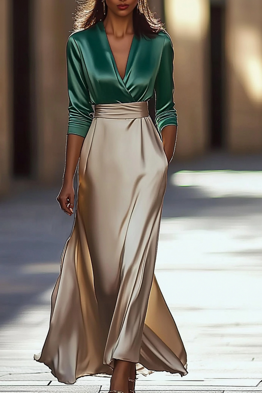 Elegant Cathedral Work Maxi Dress V-Neck Long Train Latin Green Beige Dress