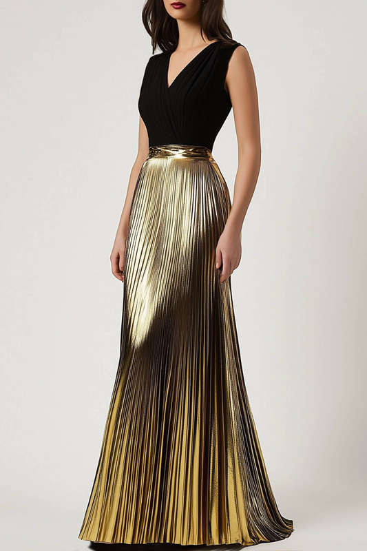 Evening Formal Dress Black-Gold V-neck Metallic Pleated Floor-Length Dress