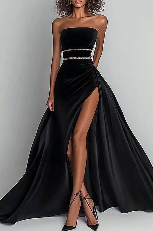Formal Evening Satin Dress Black Strapless High Slit Floor-Length Gown