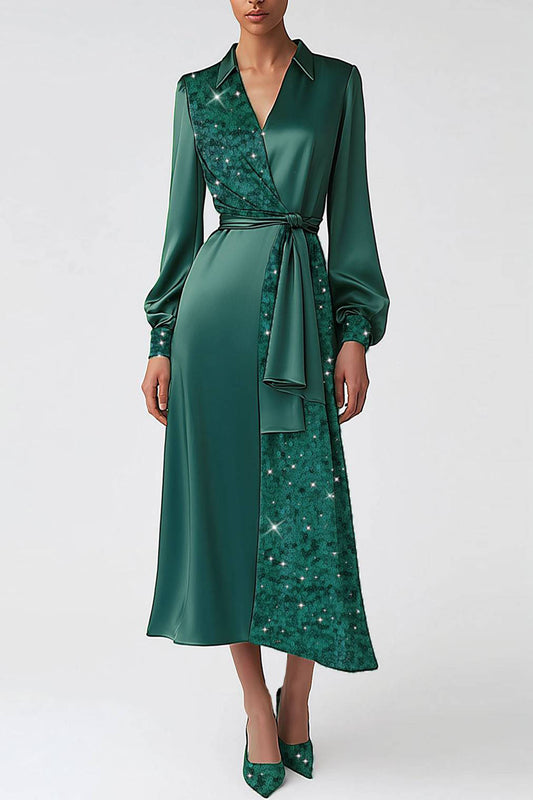 Daily Dark Green Dress V-neck Satin Sequins Splicing Decoration Midi Dress