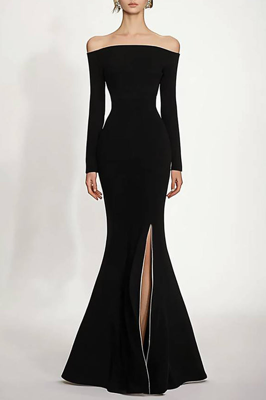Formal Dress Black Off-Shoulder High Slit Mermaid Floor-Length Gown