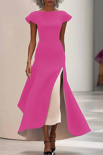Elegant Slit Dress Cap Sleeve Black White Color Block Maxi Dress