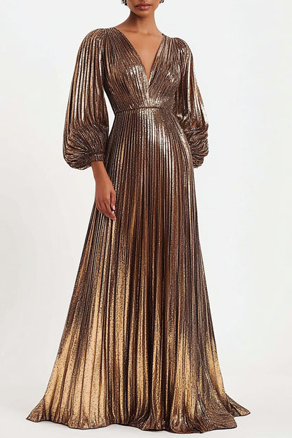 Elegant Pleated Metallic Dress Deep V Neck Puff Sleeve Maxi Dress Mother of the Bride Dress