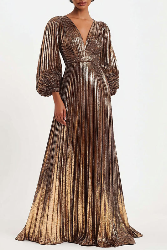 Elegant Pleated Metallic Dress Deep V Neck Puff Sleeve Maxi Dress Mother of the Bride Dress