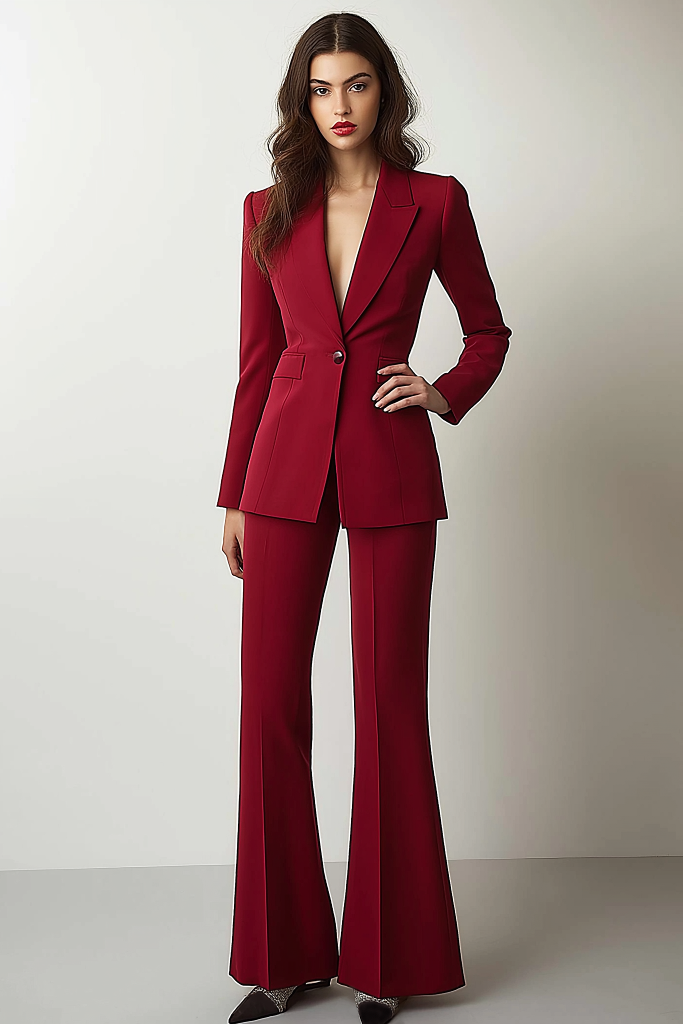 Formal Work Pants Suit Red Long Sleeve Flared Blazer Set