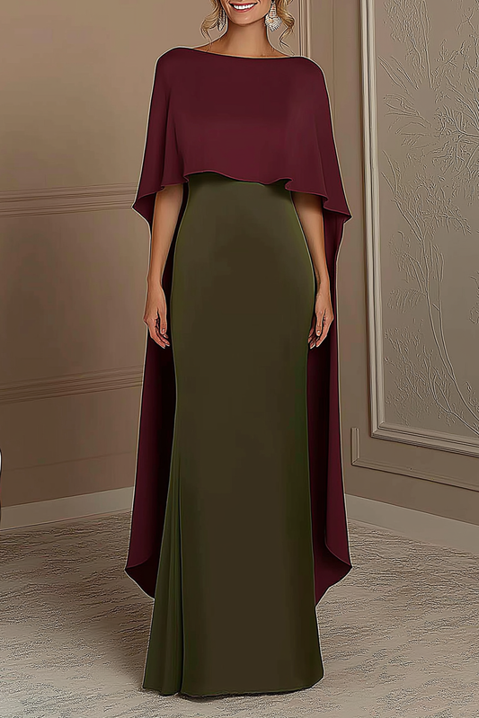 Evening Formal Dress Red Green Boat Neck Cape Floor-Length Gown