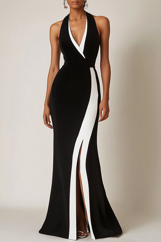 Evening Formal Dress Black White Halter V-Neck Slit Floor-Length Gown