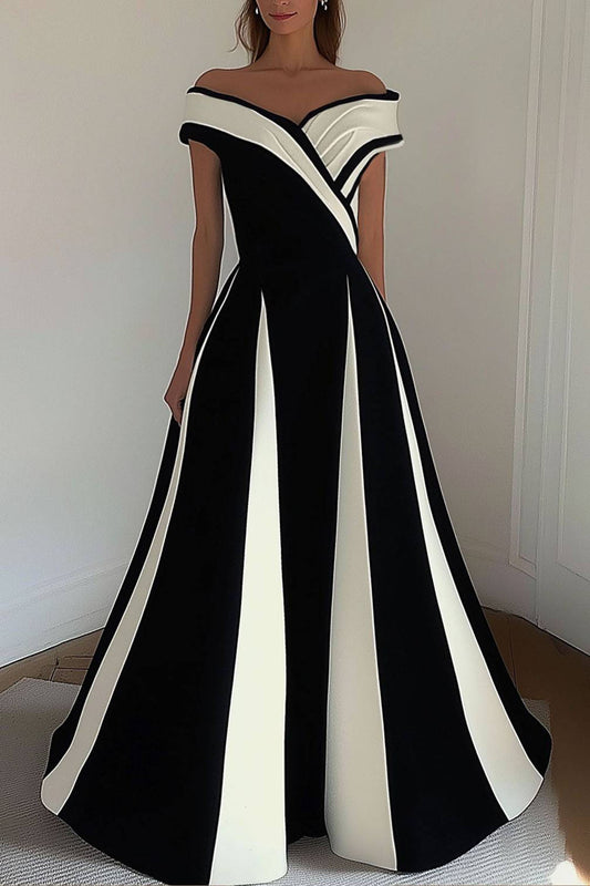 Elegant Black and White Dress Off-Shoulder Cross Neck Maxi Dress