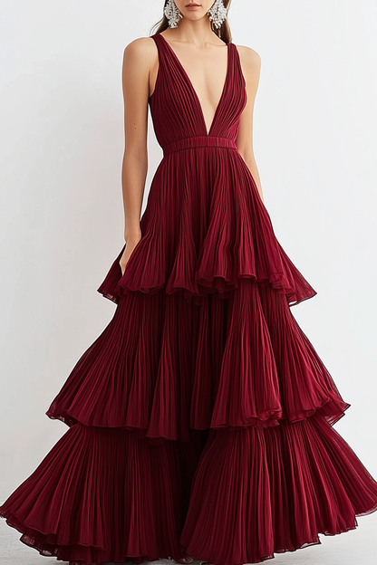 Formal Tiered Layer Dress Red Sleeveless Deep V Pleated Floor-Length Gown