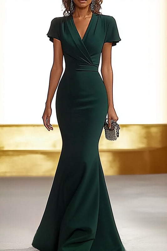 Formal Deep Green Dress V-Neck Flutter Sleeves Sheath Maxi Dress  Mother of the Bride Dress