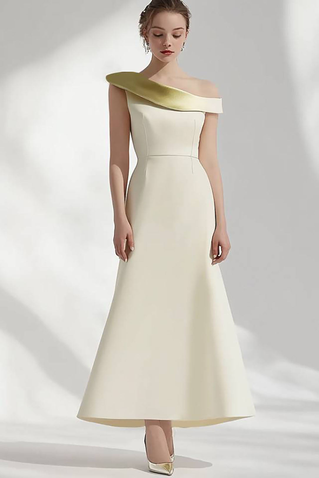 Formal Evening Dress Beige One Shoulder A-Line Maxi Gown