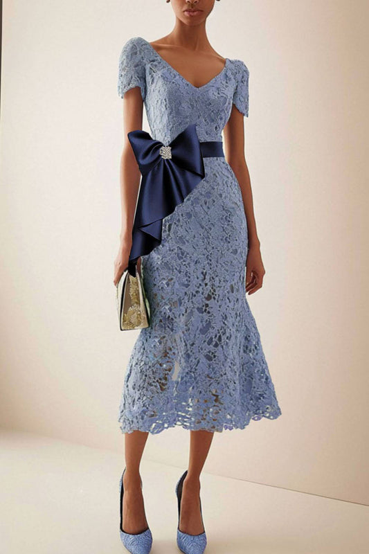 Elegant Lace Mermaid Dress Bow Midi Dress Mother of the Bride Dress