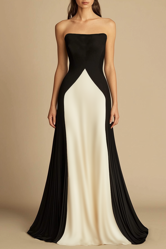 Formal Evening Dress Black Beige Strapless Floor Length Dress