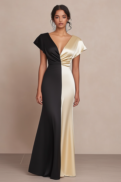 Formal Evening Dress Black Champagne V Neck Satin Floor Dress