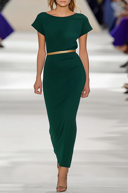 Daily Work Green Dress Gold Belt Boat Neck Midi Dress Mother of the Bride Dress