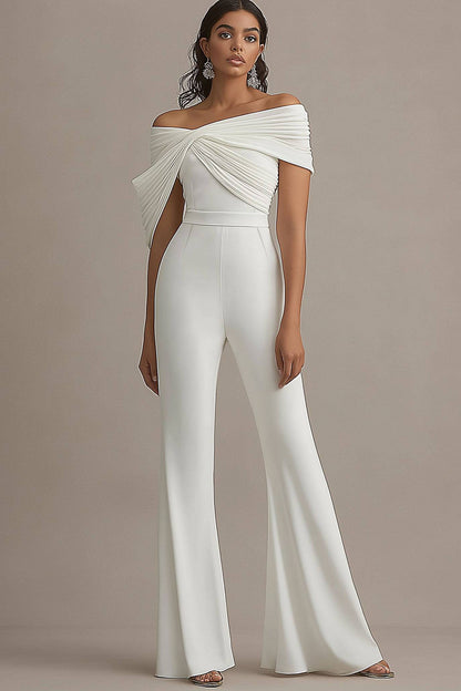 Formal Evening White Draped Flared-Leg Jumpsuit