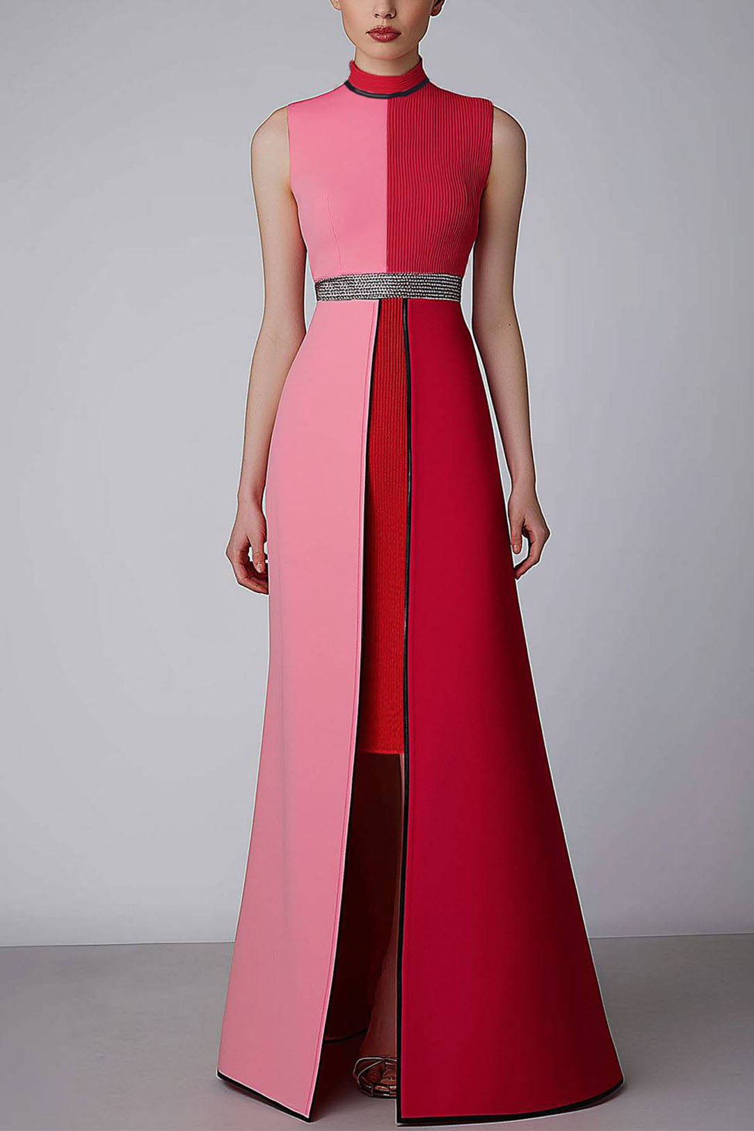 Elegant Evening Color-Block Dress Sleeveless High Collar Front Slit Long Dress