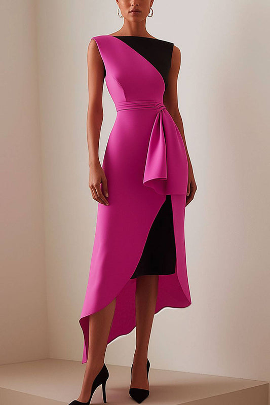 Daily Work Asymmetrical Dress Color-Block Sleeveless Low Waist Midi Dress