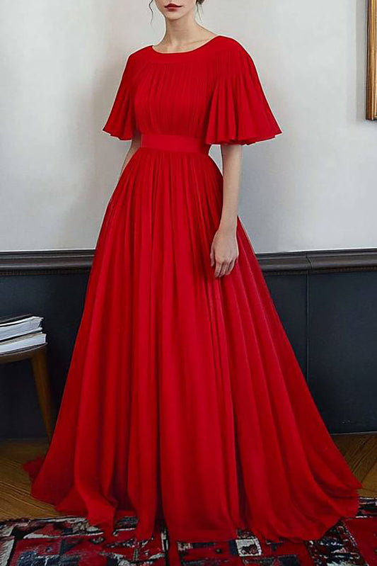 Formal Evening Dress Red Round Neck A-Line Floor-Length Gown