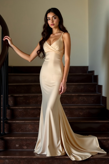 Evening Formal Gown Apricot Spaghetti Strap Cross Neck Satin Train Dress