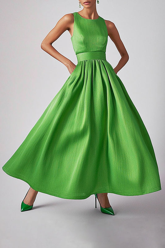 Daily Sleeveless Prom Dress Sage Green Crew Neck Long Dress Maxi Dress