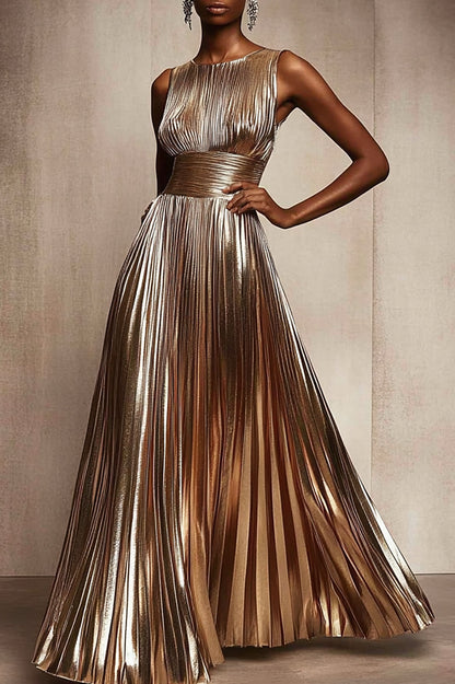 Elegant Pleated Metallic Dress Sleeveless Waisted Shiny Ball Gown Maxi Dress