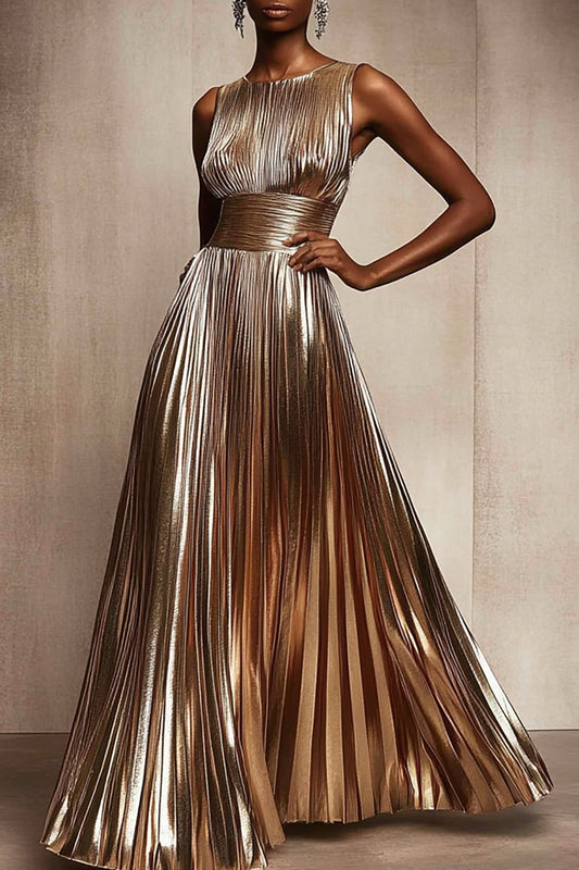 Elegant Pleated Metallic Dress Sleeveless Waisted Shiny Ball Gown Maxi Dress