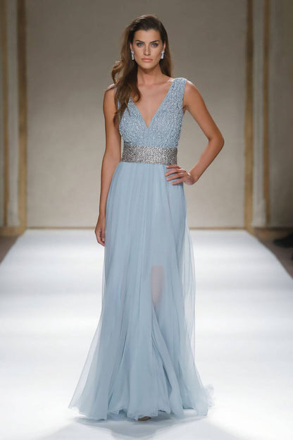 Evening Formal Dress Light Blue V Neck Sleeveless Floor-Length Gown