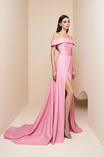 Formal Evening Dress Pink Off Shoulder High Split Train Gown