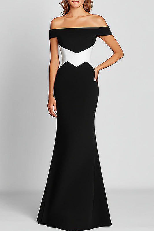 Formal Drop Shoulder Dress Waist White Contrast Design Maxi Dress