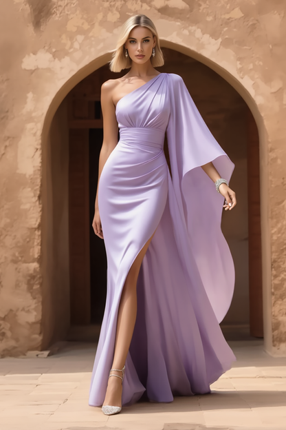Formal Evening Dress Purple One Shoulder Flowing Floor-Length Gown