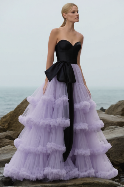 Evening Prom Tiered Dress Black Strapless Floor-Length Dress