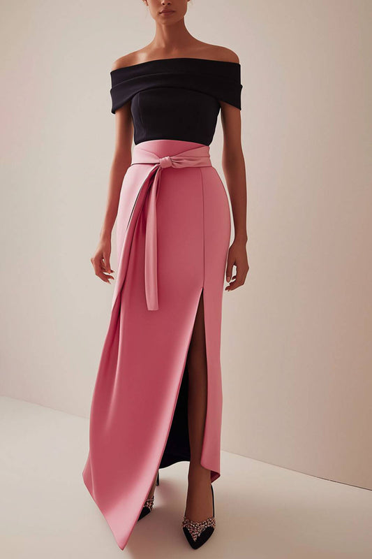 Elegant Color-Block Dress Off-Shoulder Front Slit Belted Maxi Dress