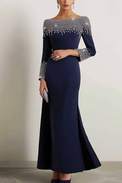 Elegant Mermaid Dress Navy Boat Neck Rhinestone Maxi Dress Mother of the Bride Dress
