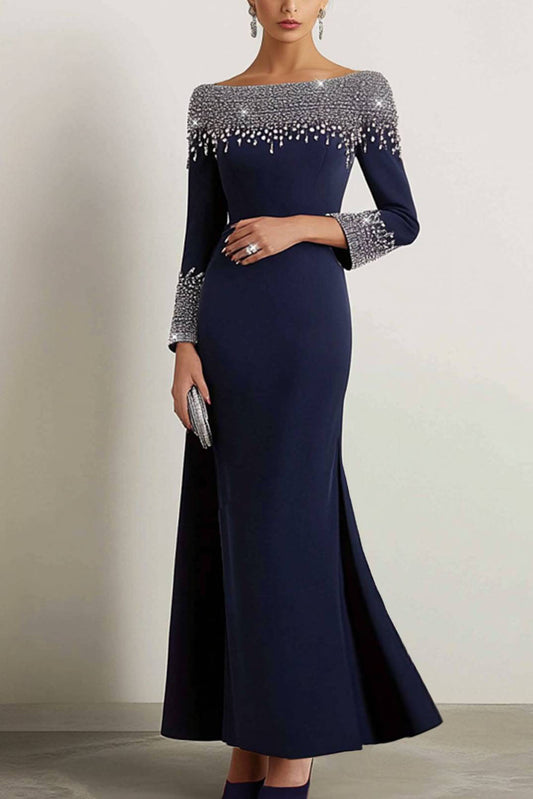 Elegant Mermaid Dress Navy Boat Neck Rhinestone Maxi Dress Mother of the Bride Dress