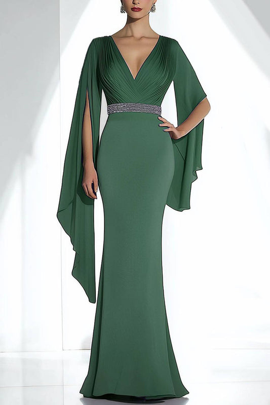 Elegant Green Dress Deep V-Neck Draped Cape Sleeve Long Dress Mother of the Bride Dress