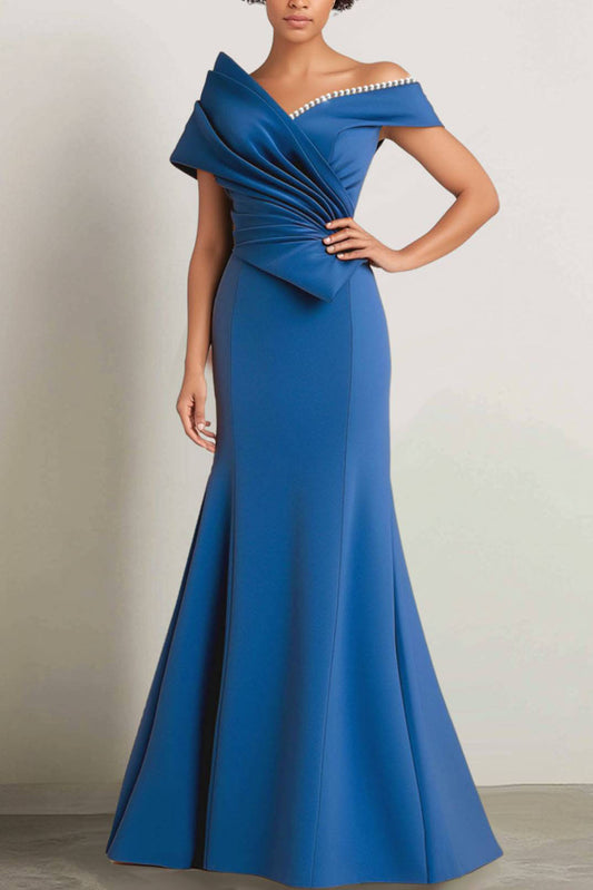 Evening Off-Shoulder Dress Pearl Trim Draped Design Dress Mother of the Bride Dress
