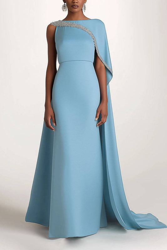 Elegant Evening One-Shoulder Dress Rhinestone Decorated Cape Asymmetrical Dress Mother of the Bride Dress