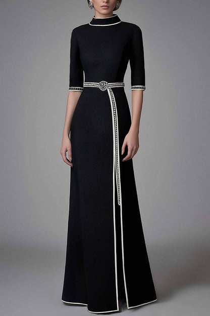 Elegant Black Slit Dress Funnel Neck Half-Sleeve Maxi Dress