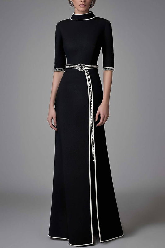 Elegant Black Slit Dress Funnel Neck Half-Sleeve Maxi Dress