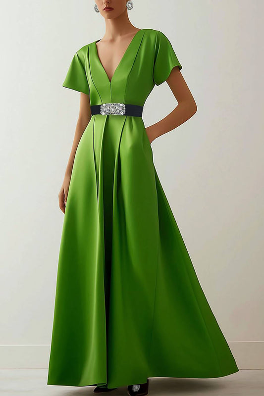Evening Green Loose Dress Deep V Belt Elegant Maxi Dress
