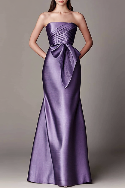 Evening Bandeau Dress Draped Ruched Bust Purple Maxi Dress