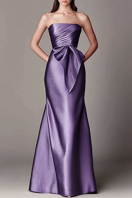 Evening Bandeau Dress Draped Ruched Bust Purple Maxi Dress