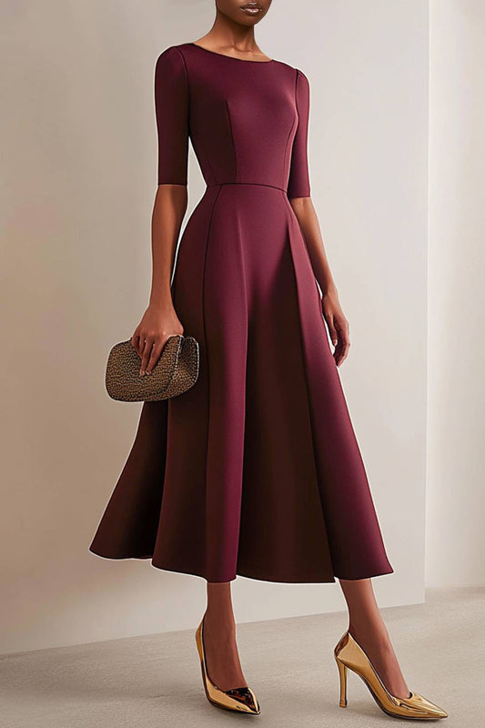 Daily Elegant Dark Red Dress Half Sleeve Round Neck Flared Midi Dress