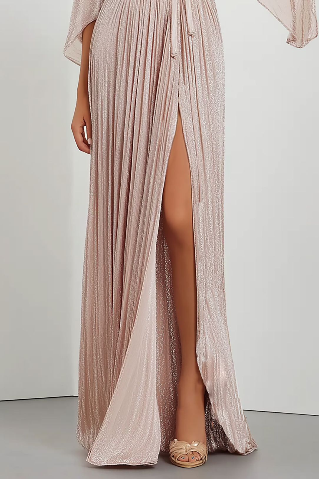 Formal Evening Dress Light Pink Cross Neck Pleated Hight Slit Floor Length Dress