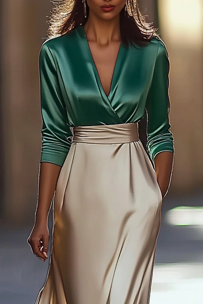 Elegant Cathedral Work Maxi Dress V-Neck Long Train Latin Green Beige Dress
